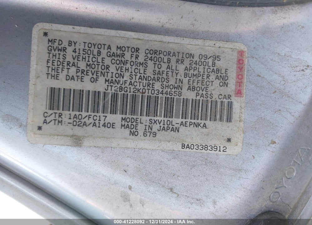 1996 TOYOTA CAMRY DX/LE/XLE VIN: JT2BG12K0T0344658