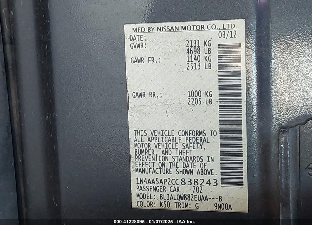 2012 NISSAN MAXIMA 3.5 S VIN: 1N4AA5AP2CC838243