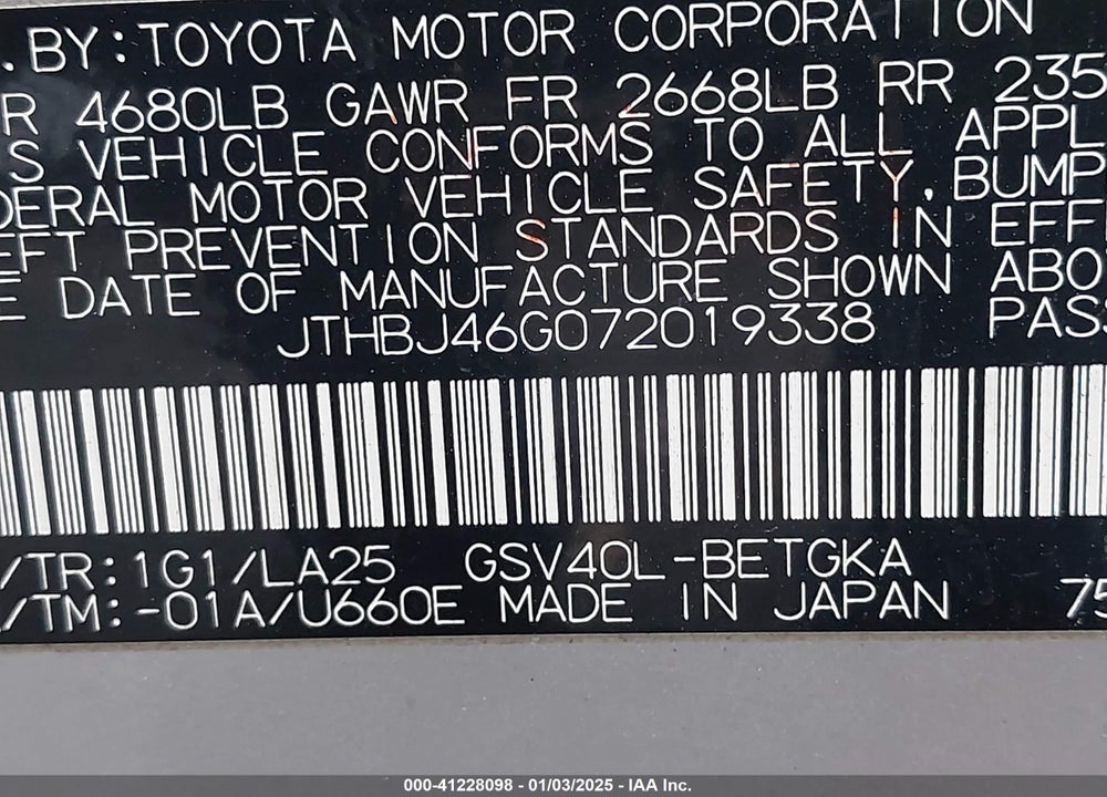 2007 LEXUS ES 350 VIN: JTHBJ46G072019338