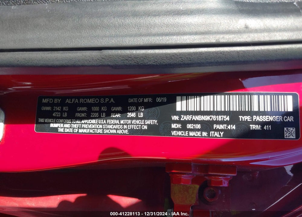 2019 ALFA ROMEO GIULIA VIN: ZARFANBN9K7618754
