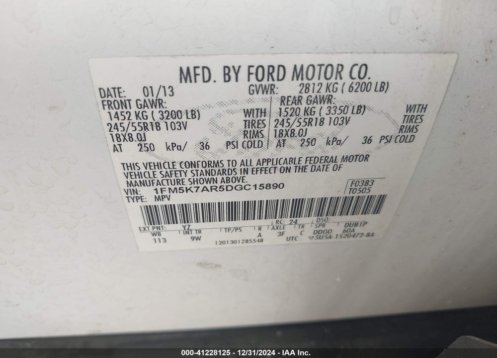 2013 FORD POLICE INTERCEPTOR VIN: 1FM5K7AR5DGC15890