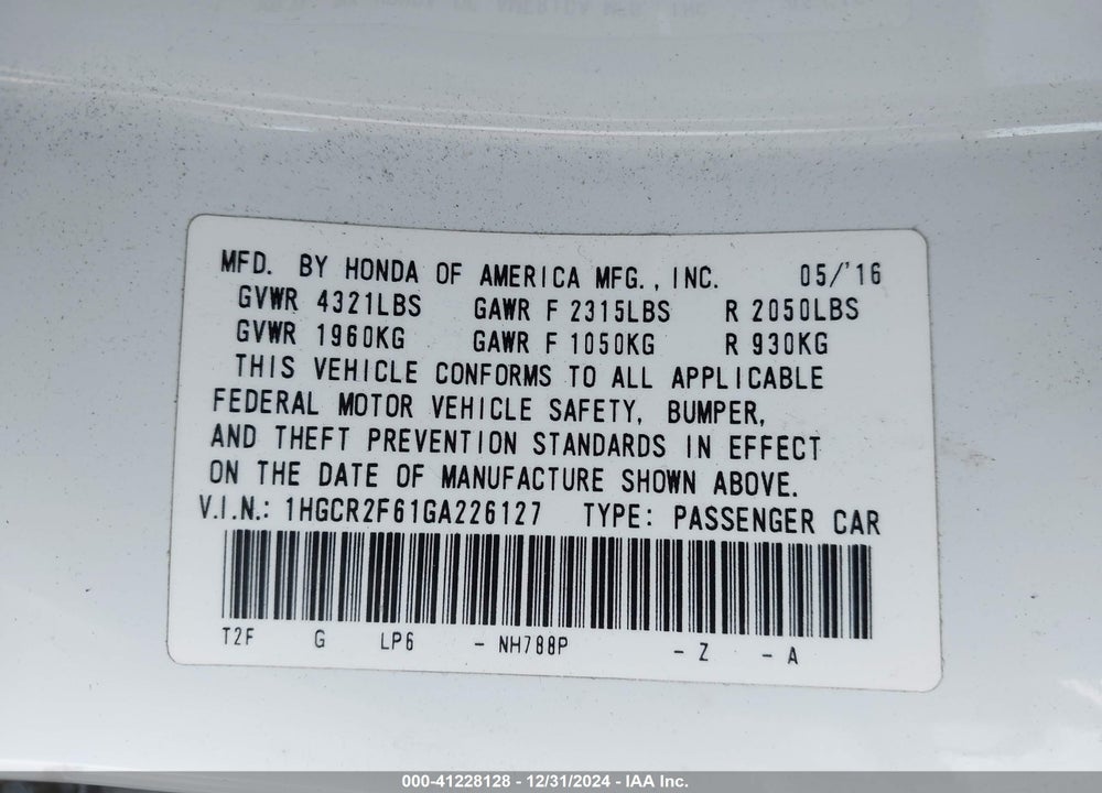 2016 HONDA ACCORD SPORT VIN: 1HGCR2F61GA226127