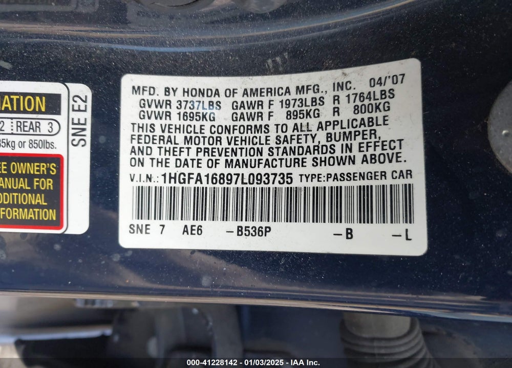 2007 HONDA CIVIC EX VIN: 1HGFA16897L093735
