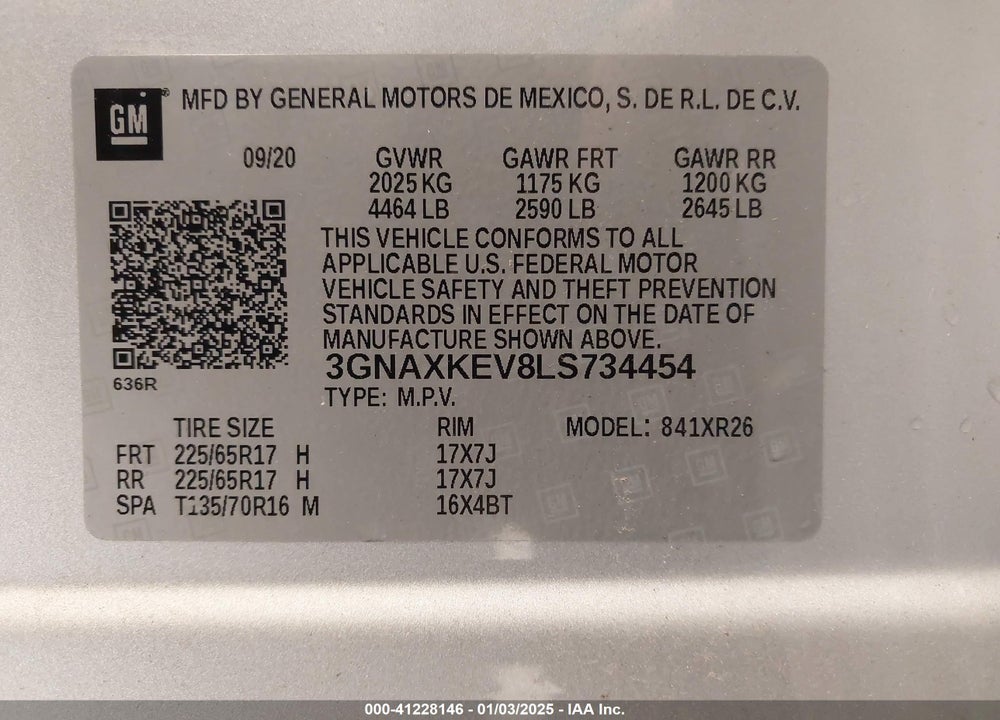 2020 CHEVROLET EQUINOX FWD LT 1.5L TURBO VIN: 3GNAXKEV8LS734454