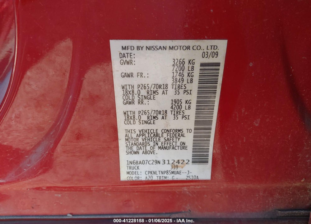 2009 NISSAN TITAN SE VIN: 1N6BA07C29N312422