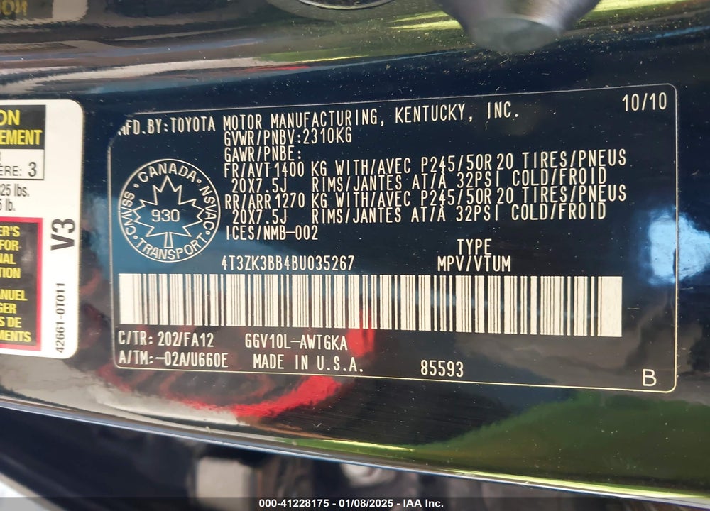 2011 TOYOTA VENZA BASE V6 VIN: 4T3ZK3BB4BU035267
