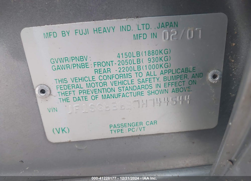 2007 SUBARU FORESTER 2.5X VIN: JF1SG63697H744544