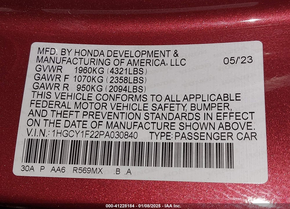 2023 HONDA ACCORD VIN: 1HGCY1F22PA030840