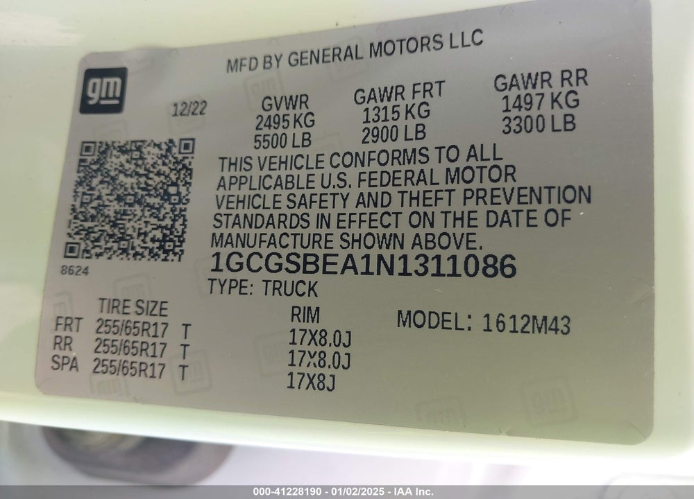 2022 CHEVROLET COLORADO 2WD SHORT BOX WT VIN: 1GCGSBEA1N1311086