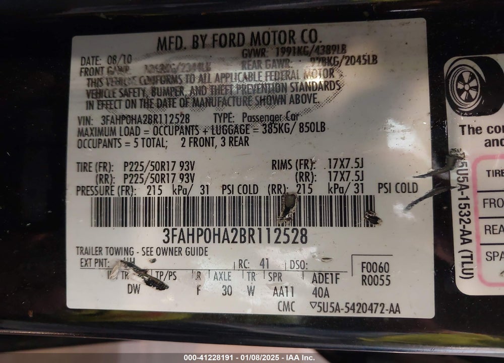 2011 FORD FUSION SE VIN: 3FAHP0HA2BR112528
