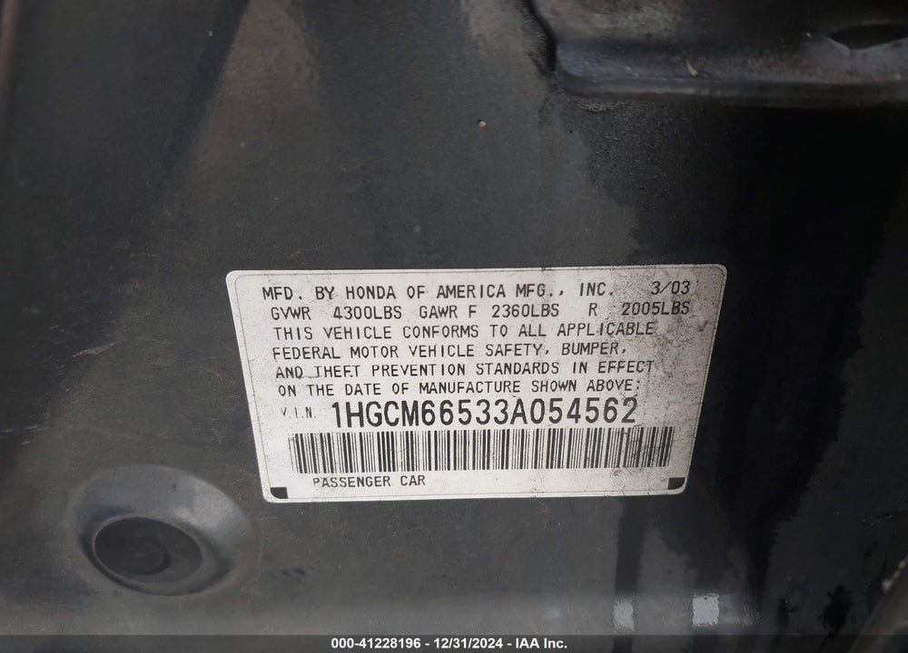 2003 HONDA ACCORD 3.0 EX VIN: 1HGCM66533A054562