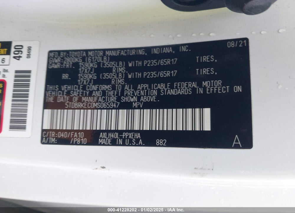 2021 TOYOTA SIENNA VIN: 5TDBRKEC0MS065947