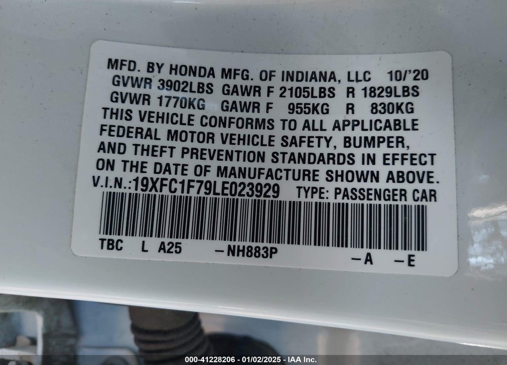 2020 HONDA CIVIC VIN: 19XFC1F79LE023929