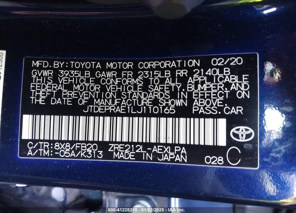 2020 TOYOTA COROLLA VIN: JTDEPRAE1LJ110165