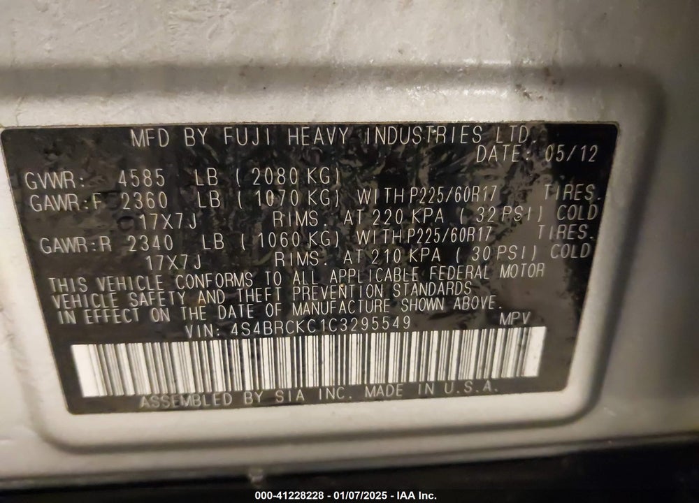 2012 SUBARU OUTBACK 2.5I LIMITED VIN: 4S4BRCKC1C3295549
