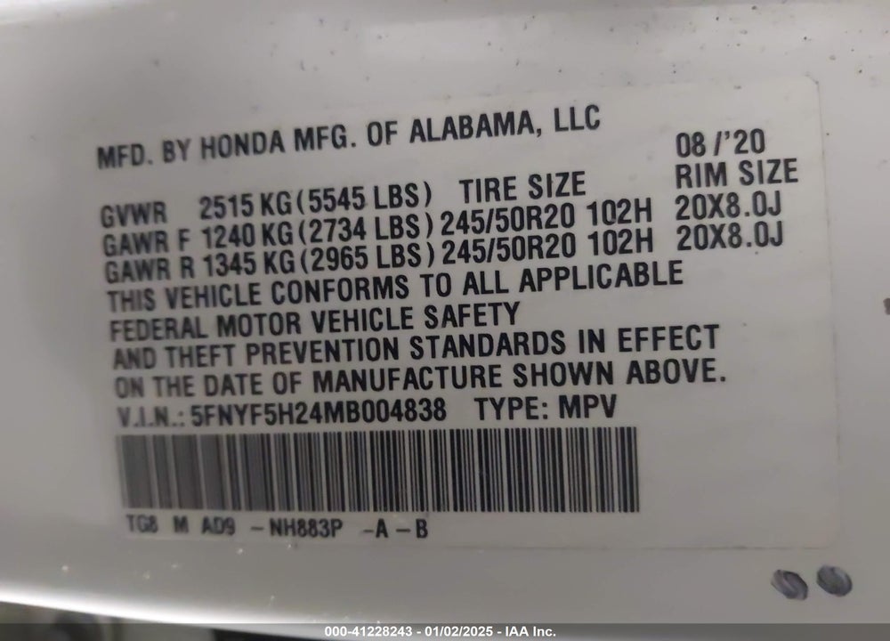 2021 HONDA PILOT 2WD SPECIAL EDITION VIN: 5FNYF5H24MB004838