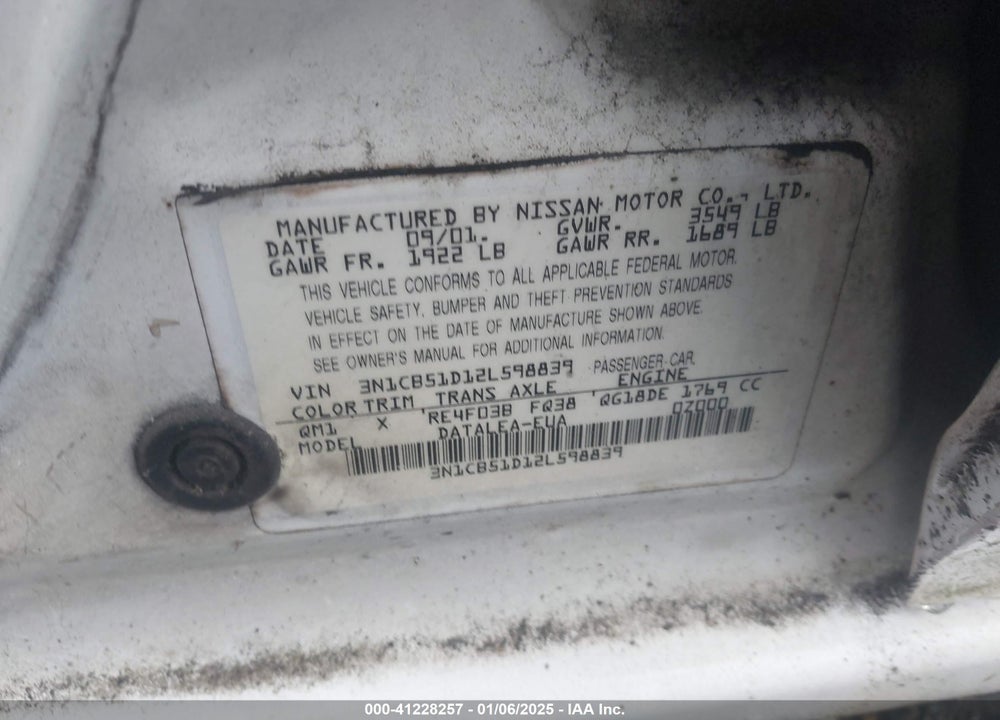 2002 NISSAN SENTRA GXE VIN: 3N1CB51D12L598839