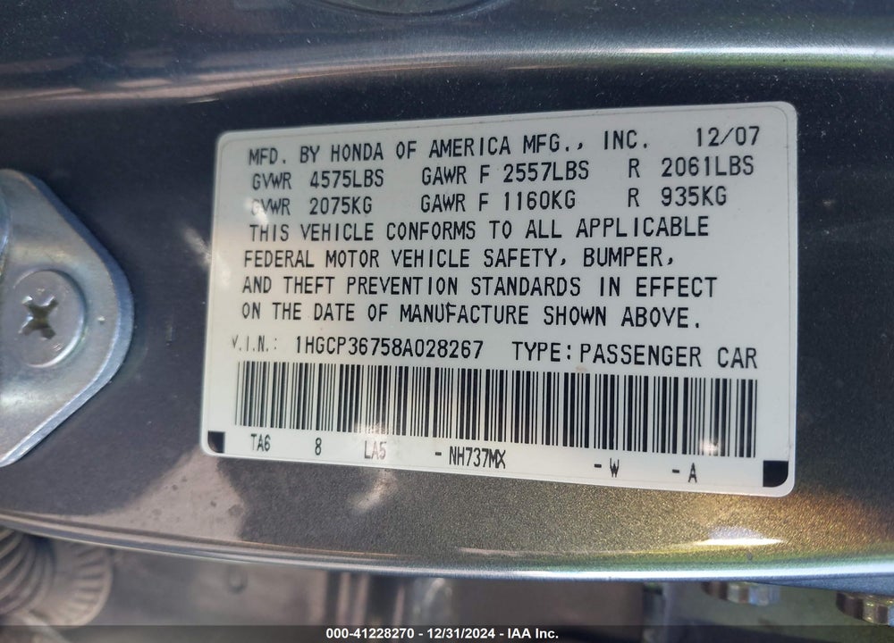 2008 HONDA ACCORD 3.5 EX VIN: 1HGCP36758A028267