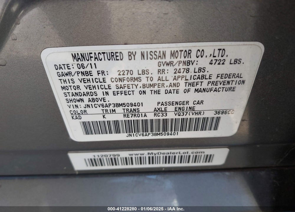 2011 INFINITI G37 VIN: JN1CV6AP3BM509401