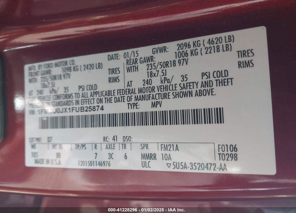 2015 FORD ESCAPE VIN: 1FMCU0JX1FUB25874