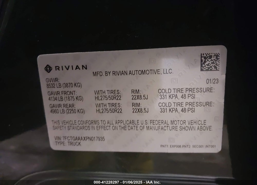 2023 RIVIAN R1T ADVENTURE QUAD-MOTOR LARGE PACK VIN: 7FCTGAAAXPN017935