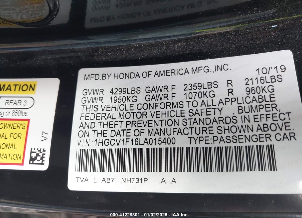 2020 HONDA ACCORD VIN: 1HGCV1F16LA015400