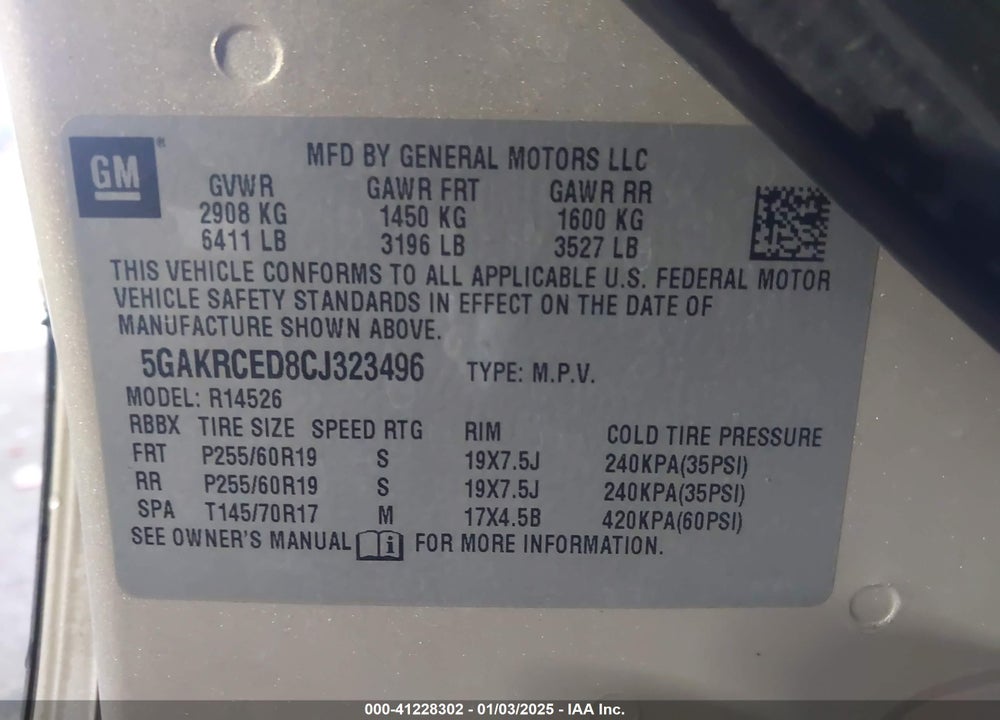 2012 BUICK ENCLAVE LEATHER VIN: 5GAKRCED8CJ323496
