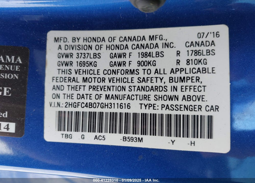 2016 HONDA CIVIC LX-P VIN: 2HGFC4B07GH311616