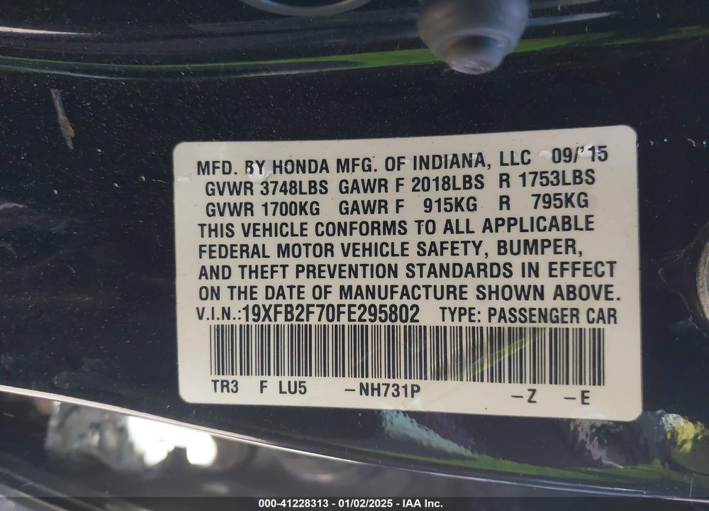 2015 HONDA CIVIC SE VIN: 19XFB2F70FE295802