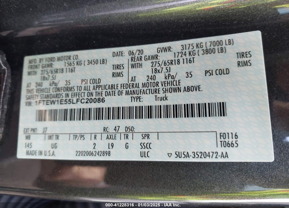 2020 FORD F-150 XLT VIN: 1FTEW1E55LFC20086
