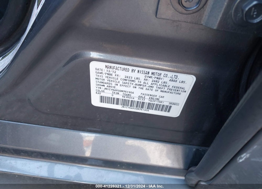 2013 INFINITI G37X VIN: JN1CV6AR0DM761904
