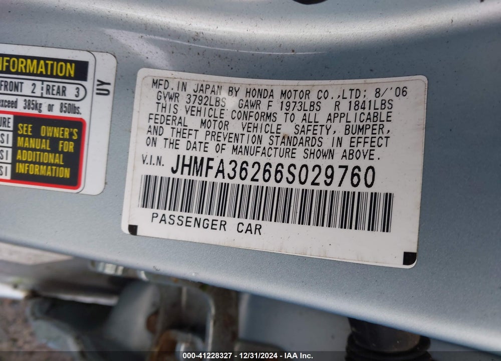 2006 HONDA CIVIC HYBRID VIN: JHMFA36266S029760