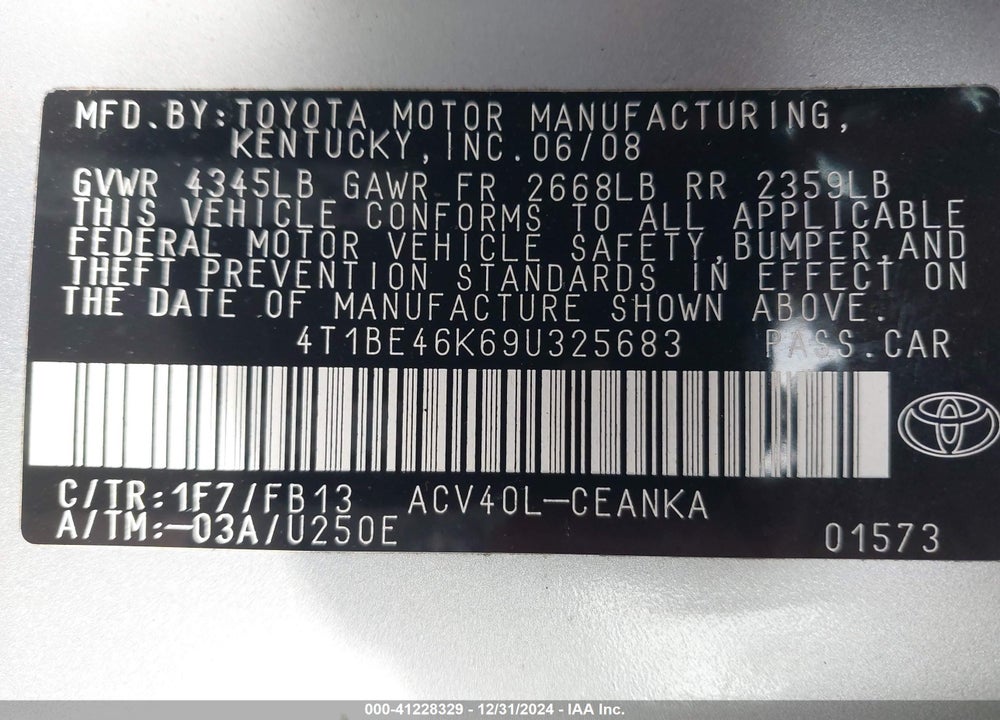 2009 TOYOTA CAMRY VIN: 4T1BE46K69U325683
