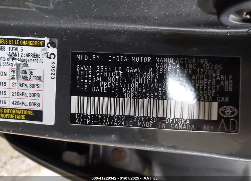 2006 TOYOTA COROLLA VIN: 2T1BR32E26C587731