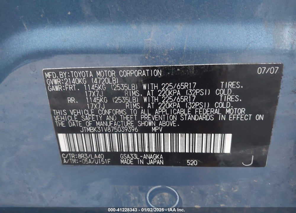 2007 TOYOTA RAV4 LIMITED V6 VIN: JTMBK31V875039396