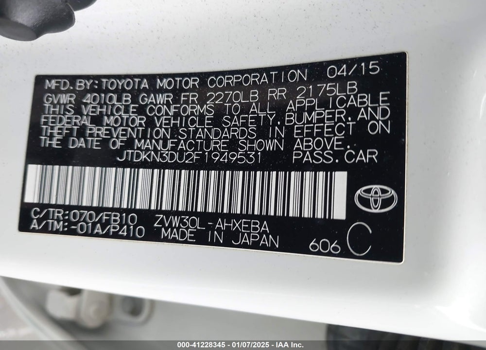 2015 TOYOTA PRIUS TWO VIN: JTDKN3DU2F1949531