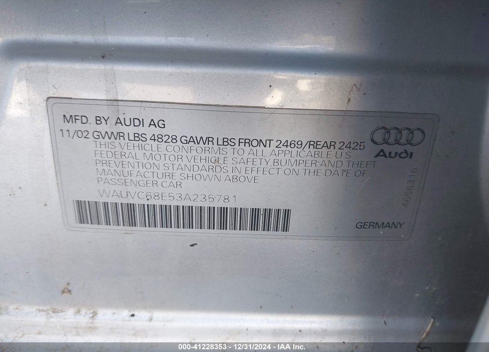 2003 AUDI A4 1.8T AVANT VIN: WAUVC68E53A235781