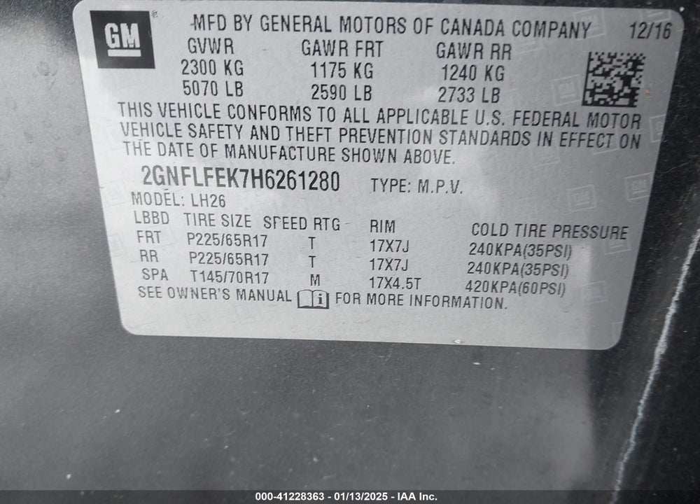 2017 CHEVROLET EQUINOX LT VIN: 2GNFLFEK7H6261280