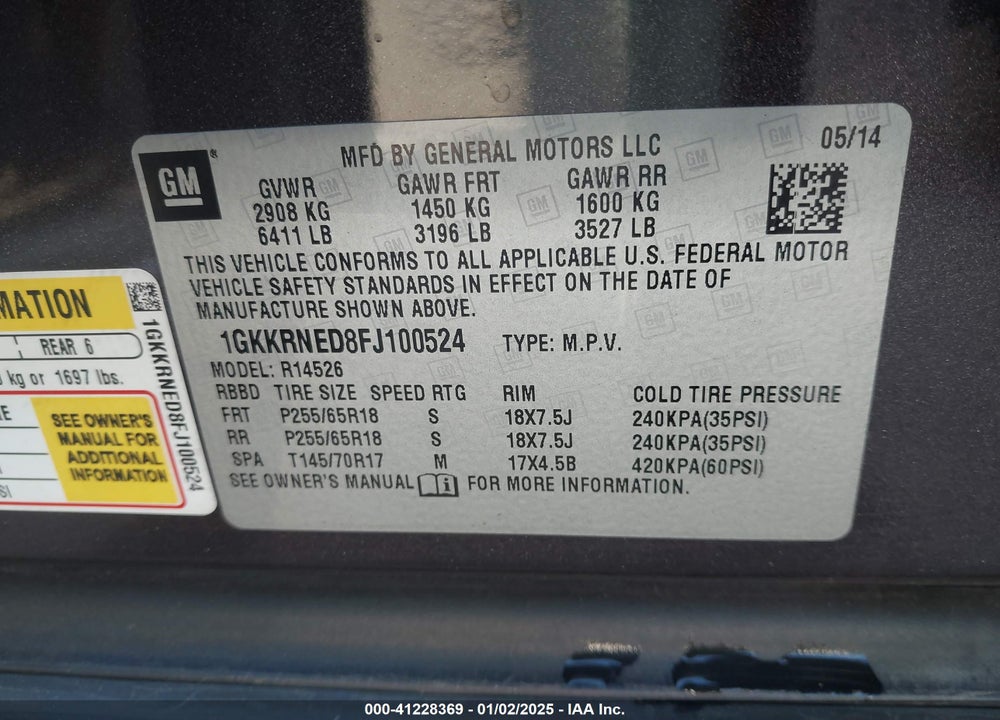 2015 GMC ACADIA SLE-1 VIN: 1GKKRNED8FJ100524