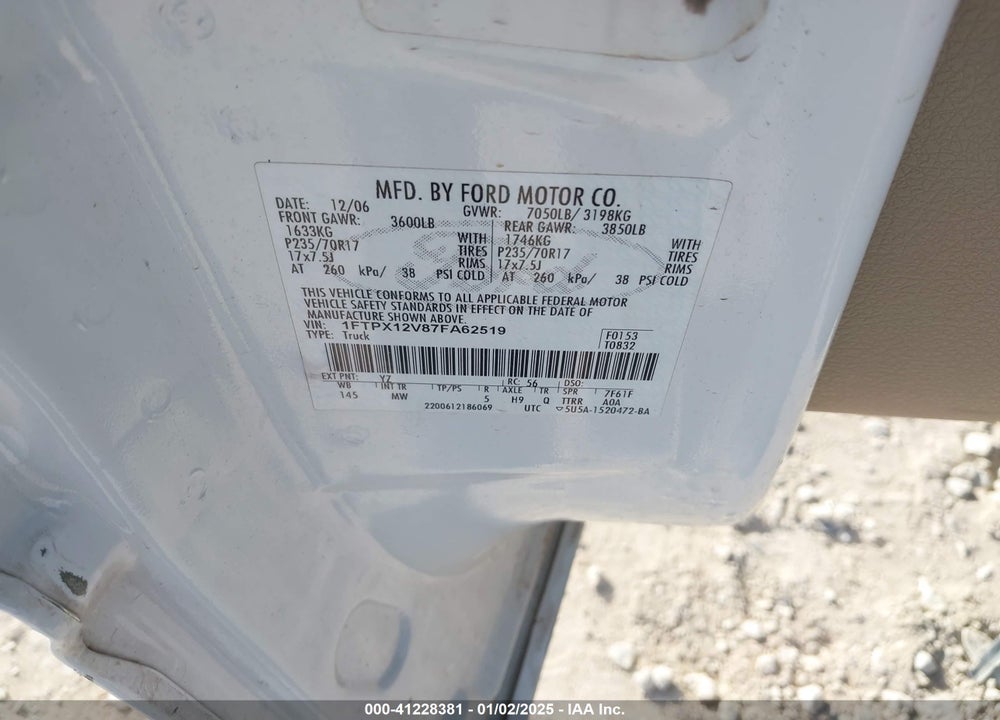 2007 FORD F-150 VIN: 1FTPX12V87FA62519