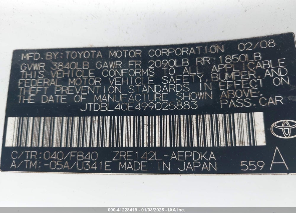 2009 TOYOTA COROLLA LE VIN: JTDBL40E499025883