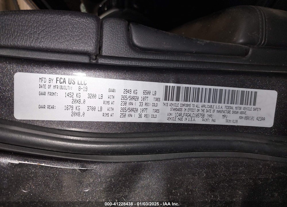 2020 JEEP GRAND CHEROKEE ALTITUDE 4X4 VIN: 1C4RJFAG4LC105758