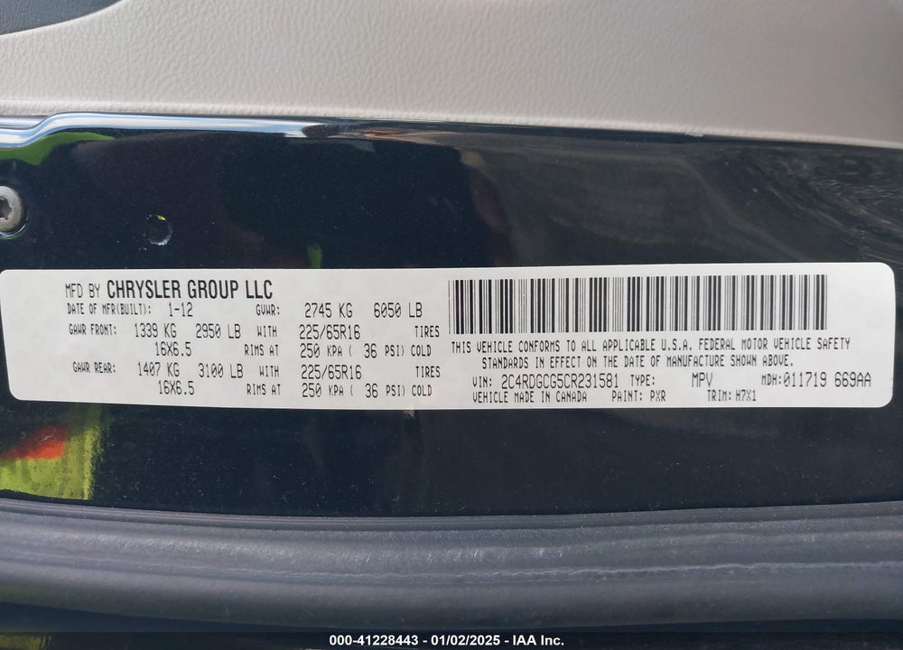 2012 DODGE GRAND CARAVAN SXT VIN: 2C4RDGCG5CR231581