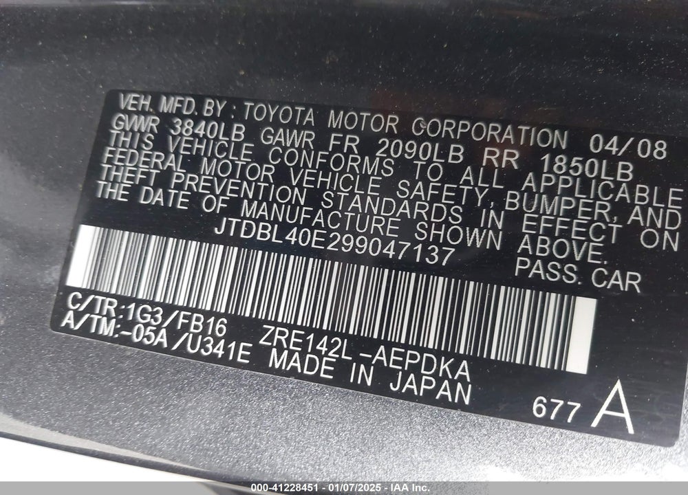 2009 TOYOTA COROLLA VIN: JTDBL40E299047137