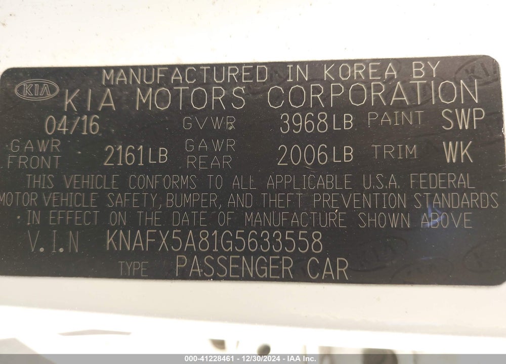 2016 KIA FORTE VIN: KNAFX5A81G5633558