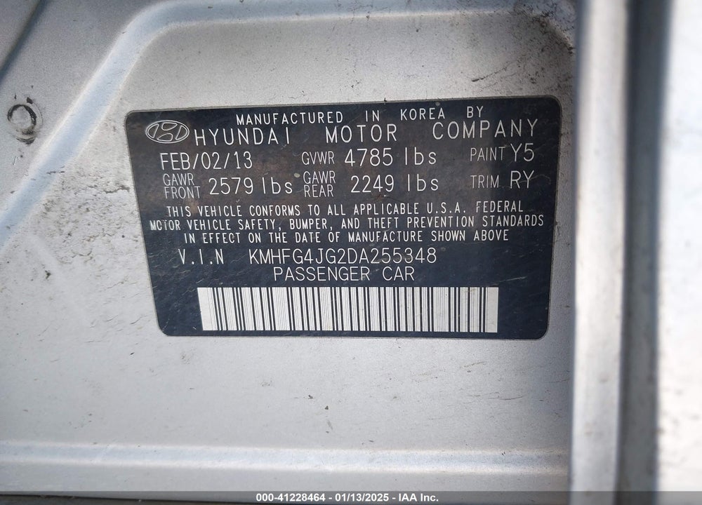 2013 HYUNDAI AZERA VIN: KMHFG4JG2DA255348