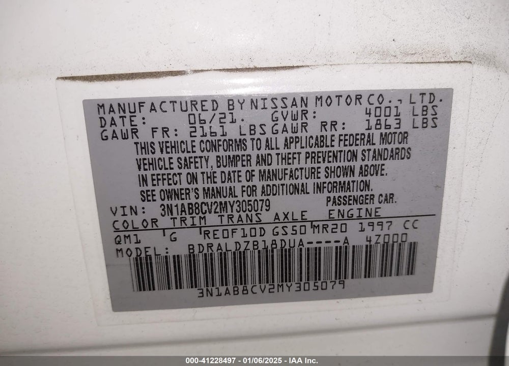 2021 NISSAN SENTRA VIN: 3N1AB8CV2MY305079