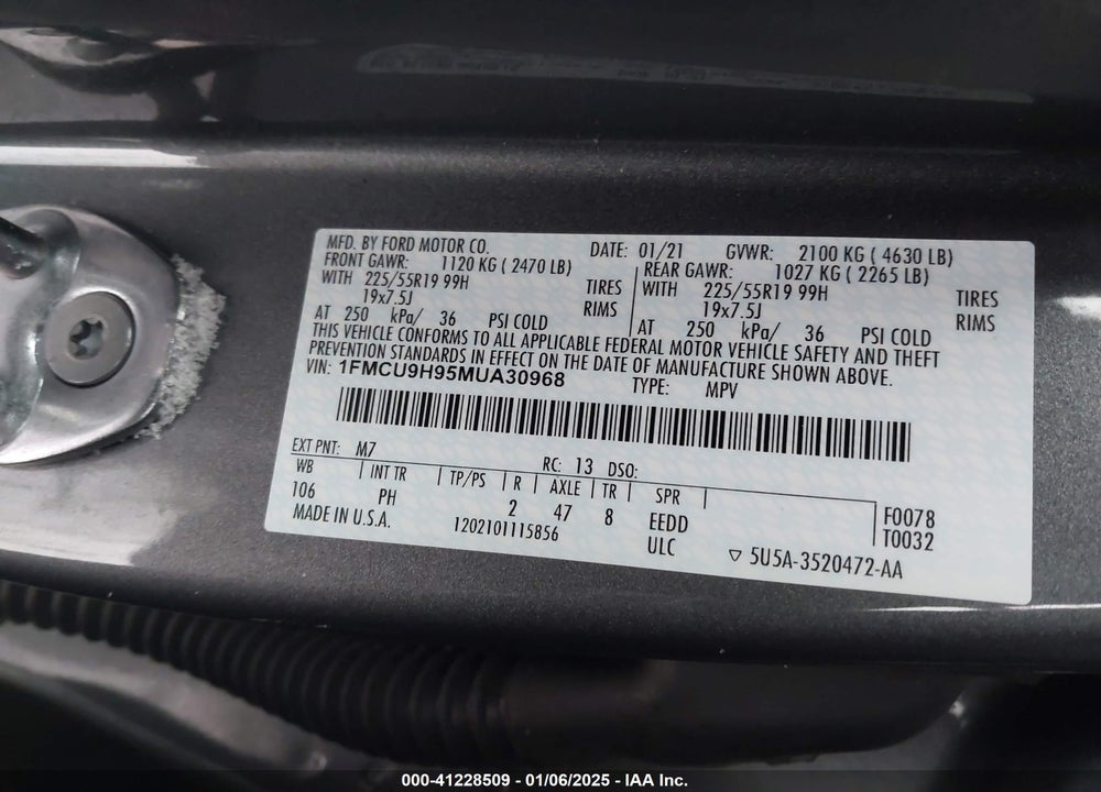 2021 FORD ESCAPE SEL VIN: 1FMCU9H95MUA30968
