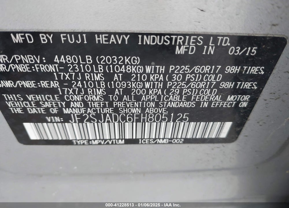 2015 SUBARU FORESTER 2.5I PREMIUM VIN: JF2SJADC6FH805125