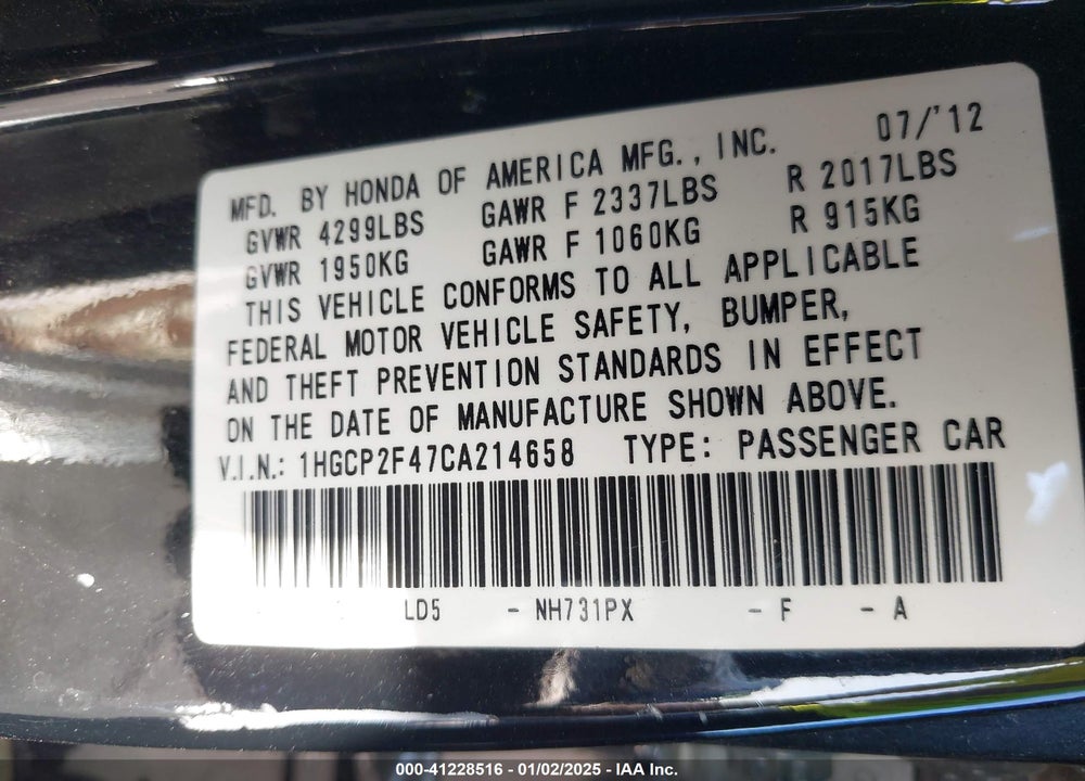 2012 HONDA ACCORD SDN LX PREMIUM VIN: 1HGCP2F47CA214658